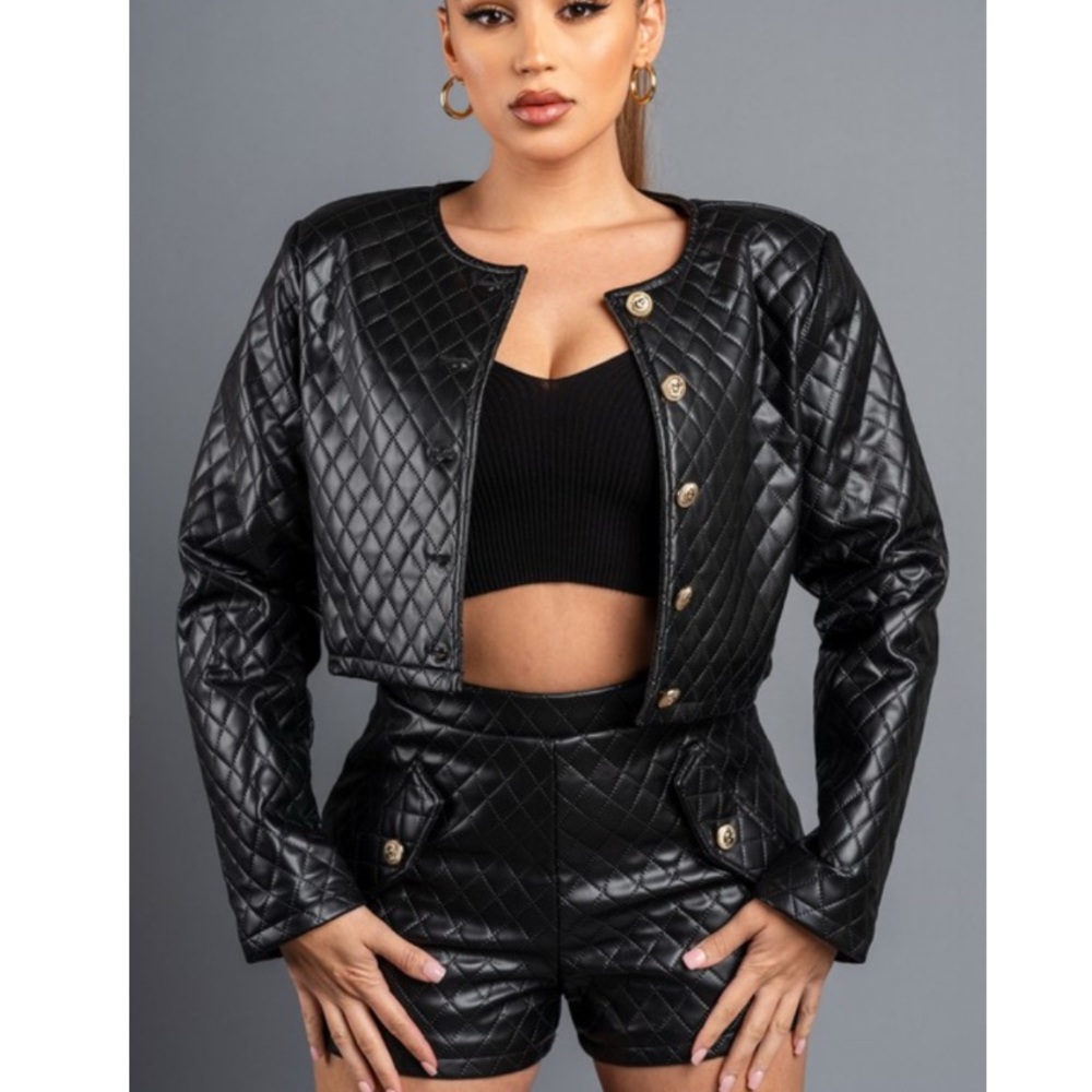 Black Quilted Leather Jacket & Shirts Set